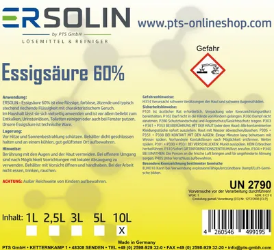 Produktbild von Essigsäure 60% 10 L Entkalker Reiniger sehr ergiebig auch in 1L 3L 5L