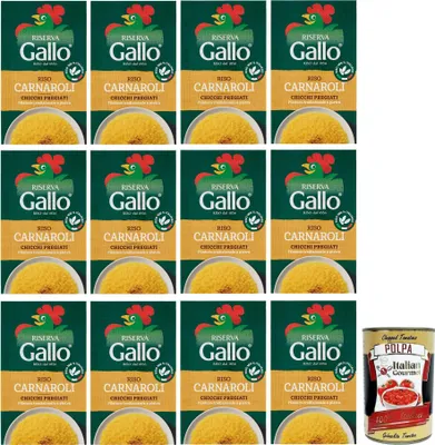 Produktbild von 12x Gallo Riso Riserva Carnaroli,100% Italienischer Reis,Kochzeit 15 Minuten,Ideal für Risottos,Packung mit 1Kg + Italian Gourmet Polpa di Pomodoro 400g Dose