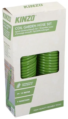 Produktbild von Kinzo Spiral Gartenschlauch 15m - Automatisch einziehbarer Gartenschlauch mit 7-Positionen-Sprühkopf