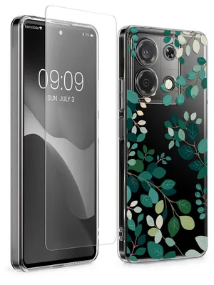 Produktbild von kwmobile Hülle kompatibel mit Xiaomi Redmi Note 13 5G Handyhülle - Silikon Case transparent - Mit Glas Schutzfolie - Frühlingsblätter Grün Transparent
