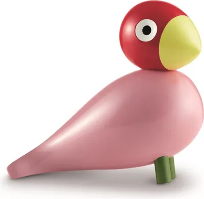 A stylized wooden bird figurine on a white background.