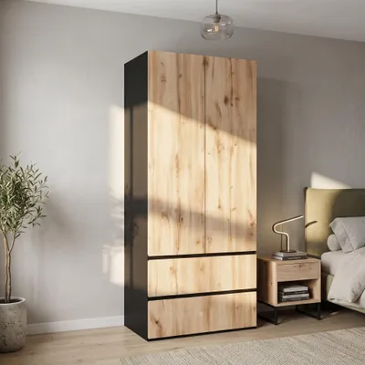 Obrázek produktu pro MODFU Skříň 90 x 50 x 200 cm, skříň s otočnými dvířky, tyč na oblečení a 2 zásuvky, šatní skříň do ložnice nebo chodby s úložným prostorem, bílá, Obrázek vytvořený pomocí AI