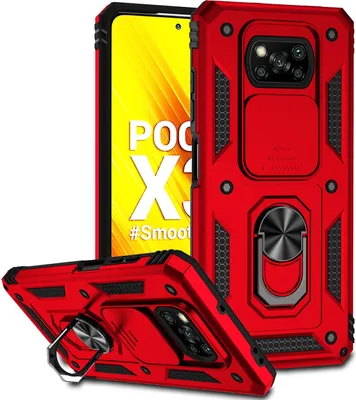 Image de Xiaomi Poco X3 NFC / X3 Pro étui double couche avec couvercle coulissant pour l'appareil photo et anneau de support rouge