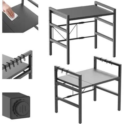 Image de Étagère pour micro-ondes - Étagère de cuisine à 2 niveaux - Extensible - Largeur réglable - Rangement pour casseroles et poêles - 6 crochets - Acier au carbone de haute résistance