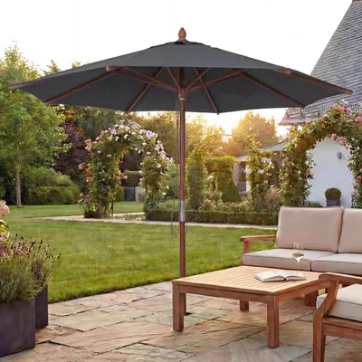 Image de Parasol de restaurant HWC-C57b, parasol de jardin, polyester/bois 14 kg, rond Ø 3 m, câble de traction résistant aux chocs ~ anthracite