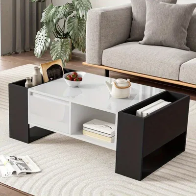 Image de Table basse au design moderne, en métal noir brillant, avec un tiroir de rangement, dimensions : 105 x 60 x 40,5 cm