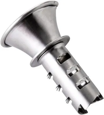 A stainless steel citrus juicer with a funnel-shaped top and a cylindrical bottom with grater-like openings and spikes.
