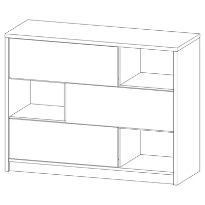 A line drawing of a modern dresser with multiple compartments.