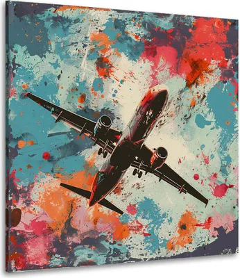 Produktbild von Flugzeug Pop Art Farbspritzer Leinwandbild Wandbild Kunstdruck XL Wanddeko: 60x60x2cm