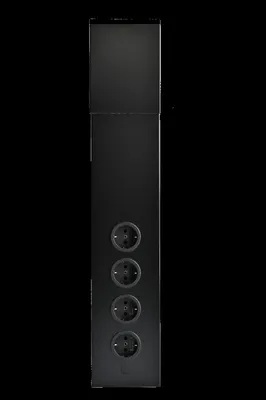 A black power strip with four outlets is shown against a black background.