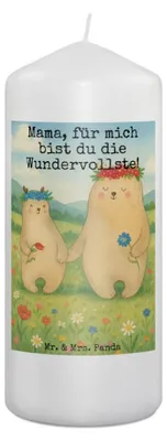 Produktbild von Mr. & Mrs. Panda Kerze Bären mit Blumenkranz Design 19 x 8 cm - Weiß - Geschenk, Bär, Kinder, Stumpenkerze, Erinnerungslicht, Bruder, Mama, Bedruckte, Familie, Muttertag