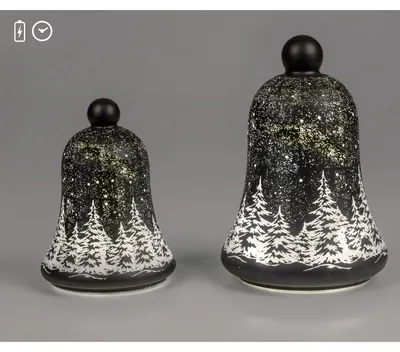 Produktbild von 2er Set LED Deko Glocken FROSTY WINTERWALD schwarz 17 + 22cm mit Timer Formano