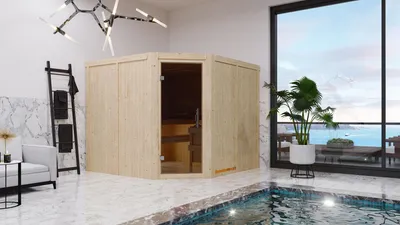 Produktbild von Karibu Sauna Innensauna Malin Eckeinstieg Ofen 9 kW integr. Strg 231x196x198 cm ohne Dachkranz mit Graphittür