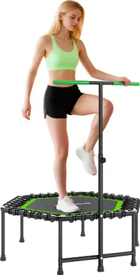 Produktbild von Fitness Trampolin - Minitrampolin mit Haltegriff - 114×114×132 cm - 3-fach verstellbarer Griff - Stahlrahmen - Cardio & Beintraining - Grün