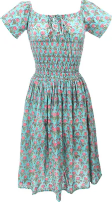 Produktbild von Boho Minikleid, Handbedrucktes Luftiges Sommerkleid, Baumwollkleid - Türkis, Damen, Baumwolle, Größe: S