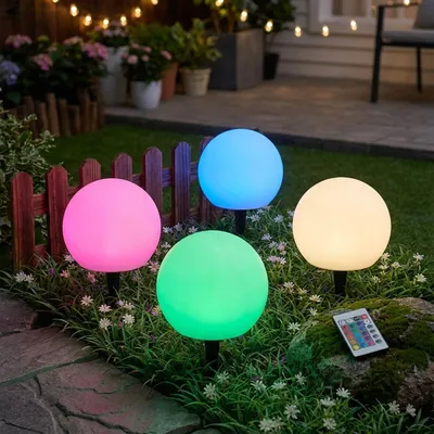 Produktbild von 4er-Set Solar-LED-Leuchtkugel, Ø 20cm, RGBW mit Fernbedienung, 60 Lu, IP67. Farbwechsel-Lichtkugel für Garten & Terrasse, wetterfest & kabellos