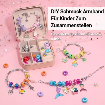 Produktbild von Heikoeco® Geschenke für Mädchen, DIY-Armbänder, Schmuck Basteln: Handgefertigte Perlen für Kinder Rosa Schmuck-Box mit 78 bunten Perlen