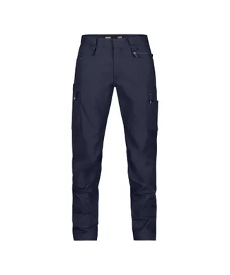 A pair of navy blue work pants on a white background.