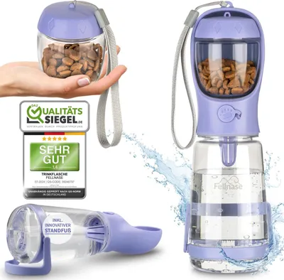Produktbild von Fellnase Hunde Trinkflasche für unterwegs - Mit Standfuß gegen Verschütten u. Futterspender I  mit Wasser Rücklaufventil I Auslaufsicher LAVENDEL
