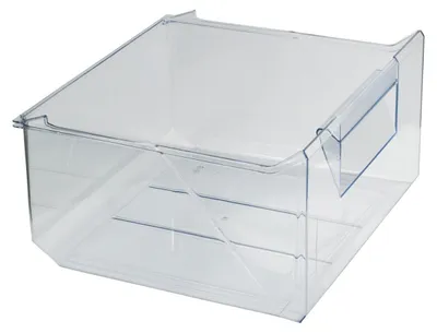 A clear plastic refrigerator drawer is shown from a slightly elevated diagonal angle.