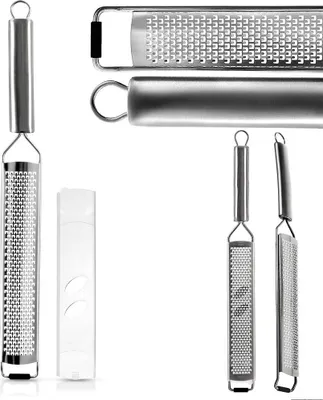 Produktbild von Küchenreibe für Gemüse, Käse, Schokolade, Obst, Stahl, flach, 38 cm ORION 144803