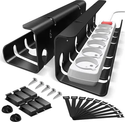Produktbild von Kabelmanagement-Set für den Schreibtisch – 2 Kabelkanäle – Kabelhalter – Kabelclips – Kabelorganizer – Metall – Schwarz