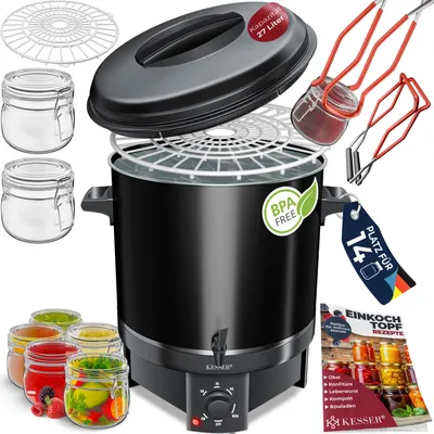 A collection of items for canning, including a large black pot with a lid, jars, racks, and tongs, along with a recipe booklet.