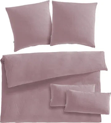 Produktbild von Pure Label Musselin Bettwäsche 200x200 bestehend aus einem Bettbezug 200x200 cm + Kissenbezug 80x80 2er Set + 40x80 Kissenbezug 2er Set in Mauve