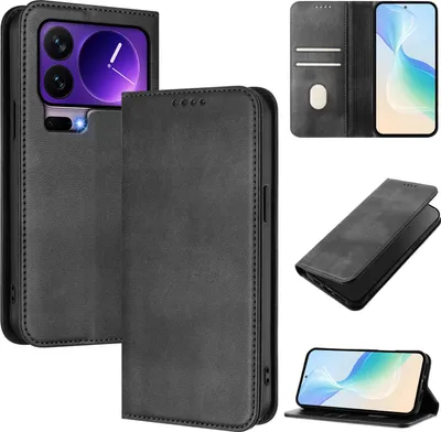 Image de Housse de téléphone portable pour Xiaomi 17 Pro, Vintage Cuir RFID Protection Porte-carte Stand Fonction Housse à rabat magnétique Noir