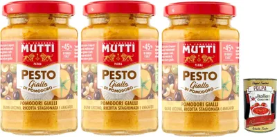 Produktbild von Mutti Pesto di Pomodoro giallo, Pesto mit gelben Tomaten, Oliven, erfahrener Ricotta und Anacardi 3x 180g + Italian Gourmet polpa 400g