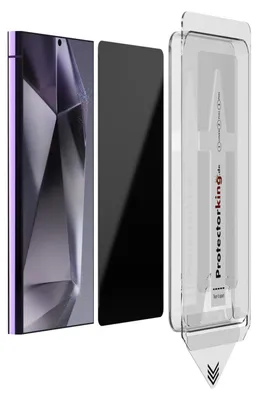 A smartphone screen protector and its installation guide are displayed.