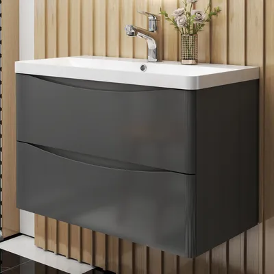 Produktbild von AICA Badmöbel-Set 80cm HALMON hochglanz Dunkelgrau Badezimmerschrank,Mineralgusswaschbecken mit Unterschrank,Badschrank mit 2 Schubladen
