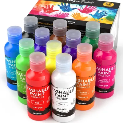 Obrázek produktu pro Prstová barva pro děti - 12 barev - 12 x 60 ml - Vymyvatelná - Tempera
