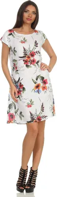 Produktbild von 330 Mississhop Damen Boho Kleid 100 % Leinenkleid Strandkleid schickes elegantes Sommerkleid Blumen Muster Weiß