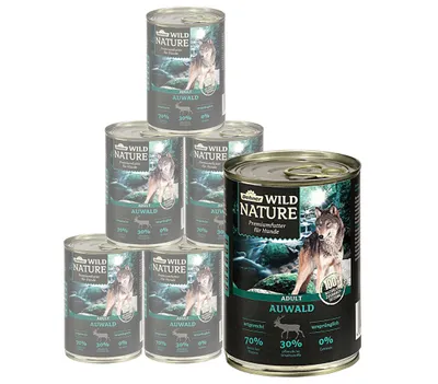 Produktbild von Dehner Wild Nature Hundefutter Auwald, Nassfutter getreidefrei / zuckerfrei, für ausgewachsene Hunde, Geflügel / Wild, 6 x 400 g Dose (2.4 kg)