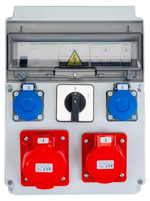 Zdjęcie produktu dla Rozdzielnica budowlana LUMILED z wyłącznikiem głównym 0/1, 32A, zabezpieczeniem LS+FI, 1 gniazdo CEE 32A, 5-biegunowe, 1 gniazdo CEE 16A, 5-biegunowe, 2 gniazda Schuko 230V, rozdzielnica ścienna IP65 z gniazdami IP44, przeznaczona do budowy i warsztatu