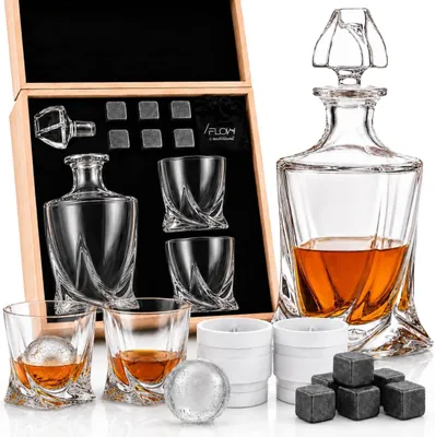 Productafbeelding van FLOW  Deluxe Whisky Karaf en Glas Set - Twist Design Karaf Set & 2 Whiskyglazen met 6 Granieten Whiskey Stenen - Whisky Decanter Gift Set