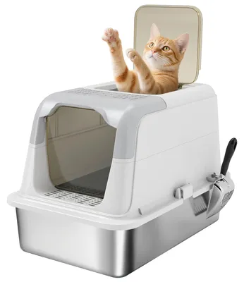 Image de Litière pour chat - Litière avec couvercle - Fermée - Entrée frontale - Sortie supérieure en acier inoxydable - Pour chats jusqu'à 7 kg - Blanche