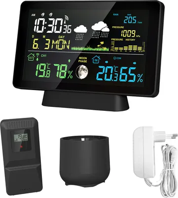 Produktbild von 7,5-Zoll-Farbbildschirm-Wetterstation, Regenmesser, Innen- und Aussentemperatur- und Luftfeuchtigkeitsmesser, Wetterstation mit Mondphasenanzeige, Luftdruckanzeige, Regenerkennung, Dual-Wecker, Funktion zur automatischen Kalibrierung der Funkwellenzeit (WWVB DCF MSF, mit DST-Funktion) EU Stecker 5065R