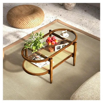 Produktbild von Couchtisch aus Glas und Holz, Wohnzimmertisch mit 2 Ebenen, ovaler Teetisch mit Rattan für Wohnzimmer, Schlafzimmer, Büro, 102 x 46 x 47 cm