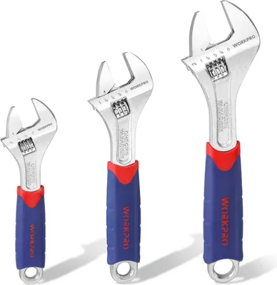Image de WORKPRO Jeu de clés à fourche réglables Acier au chrome-vanadium Poignée en caoutchouc 150 200 250 mm