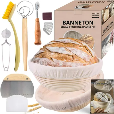 Produktbild von Rundes Rattan Gärkorb (23×8 cm) mit Baumwollbezug – komplettes Brotbackset für Hobbybäcker, inklusive Teigschneider, Mehlbürste, Mehlsieb & Backanleit