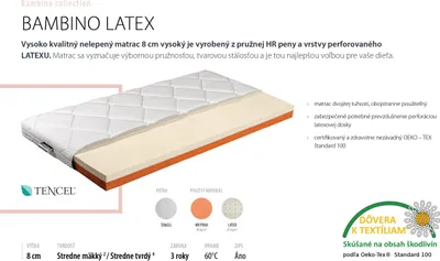Obrázok produktu pre Matrac do detskej postieľky Benab Bambino Latex Matrac 60 x 120 cm H2 / H4 tvrdosť 8 cm výška Matrac do detskej postieľky, Lyocel, Latex, PUR