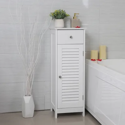 Produktbild von VASAGLE Hochschrank Holz mit Schublade, Badschrank mit Lamellentür weiß