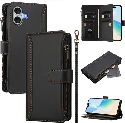 Obrázek produktu pro Pouzdro pro iPhone 16 Plus, zipem, peněženkovéPolyuretankožené flip pouzdro s kapsami na karty, stojánkem a poutkem na ruku černý