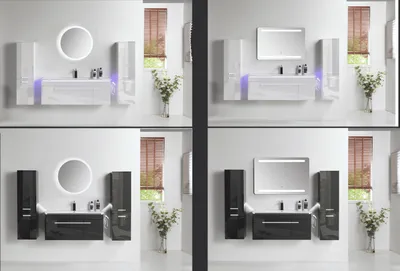 Produktbild von Badmöbel-Set mit LED-Spiegel & Soft-Close, 90/120 cm, Spiegel:LED-Rechteck Spiegel, Seitenschrank:2x Seitenschrank Links 2x Seitenschrank Rechts, Göße:120cm Waschbeckenschrank, K-Farbe:Weiß Hochglanz