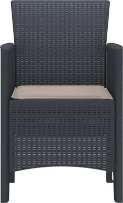 A single dark gray polyrattan garden chair with a beige cushion, shown from the front against a white background.