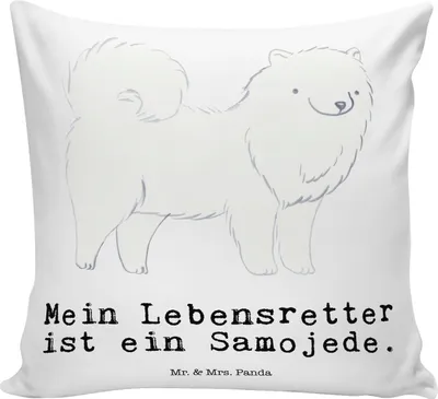 Produktbild von Mr. & Mrs. Panda kissen bedruckt Samojede Lebensretter - Weiß - Geschenk, 40x40, Samojedenhund, Samojedenspitz, Dekokissen, Sofakissen, kuschelkissen, Sofa, Deko