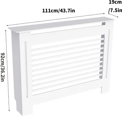 A white radiator cover with dimensions indicated.