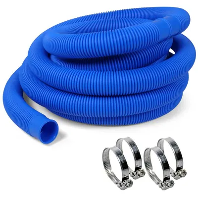 A coiled blue flexible hose with four metal hose clamps on a white background.